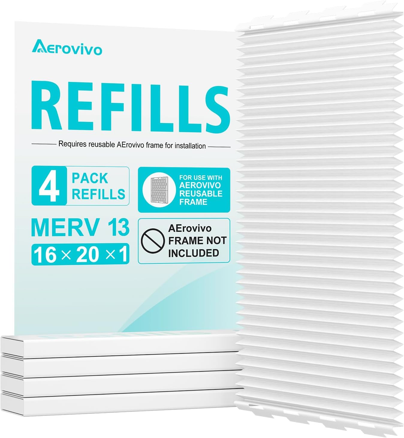 16x20x1 MERV 13 Refill Media Only, 4-Pack, Frame Required | Frame Not Included, MERV 13 Refill Media Fits AErovivo Frames, Captures Dust and Particles, and Installs Easily