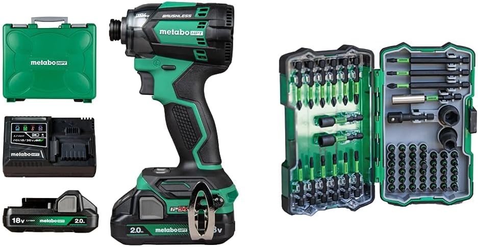 Bundle of Metabo HPT 18V MultiVolt™ Cordless Triple Hammer BOLT Impact Driver Kit | WH18DC + Metabo HPT Impact Driver Bit Set (60-Piece)