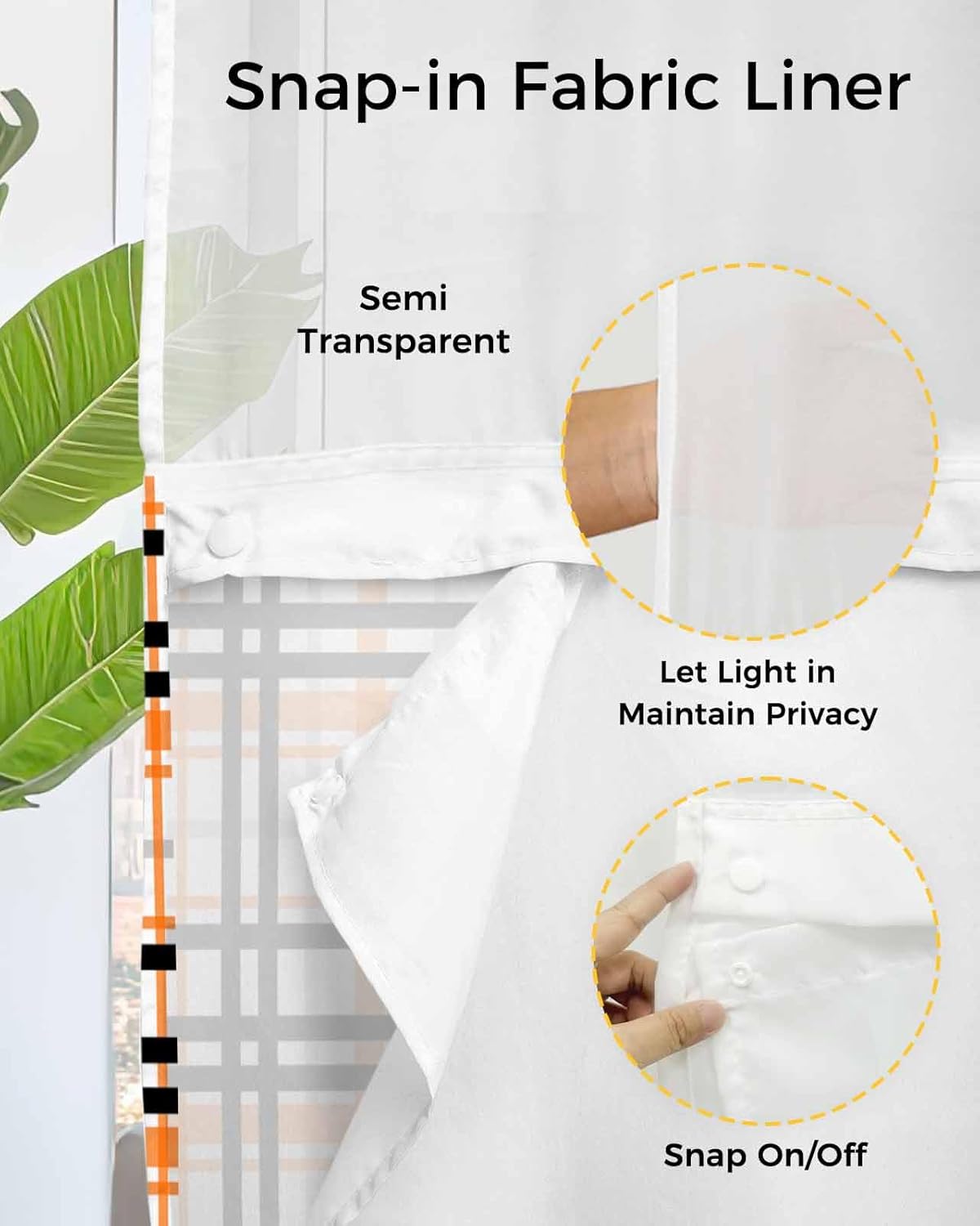 Smile Sunflower No Hooks Shower Curtain Liner Set, Abstract Stripes Orange Black Grey Plaid Waterproof Shower Curtains with Magnets, Top See Through Window Washable Rustic Shower Curtain 72"x96"