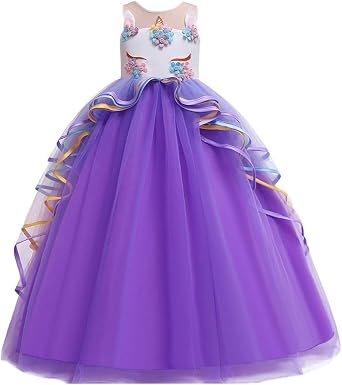 Girls Sleeveless Unicorn Party Princess Long Tulle Fancy Dress Halloween Christmas Birthday Pageant Ball Gowns