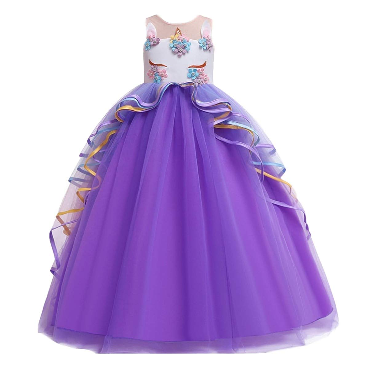 FMYFWY Kostium jednorożca dla dziewcząt urodziny konkurs impreza sukienka karnawał cosplay stroje Halloween Boże Narodzenie bez rękawów długa tiulowa suknia balowa z opaską, Fioletowy, 12-13 lat