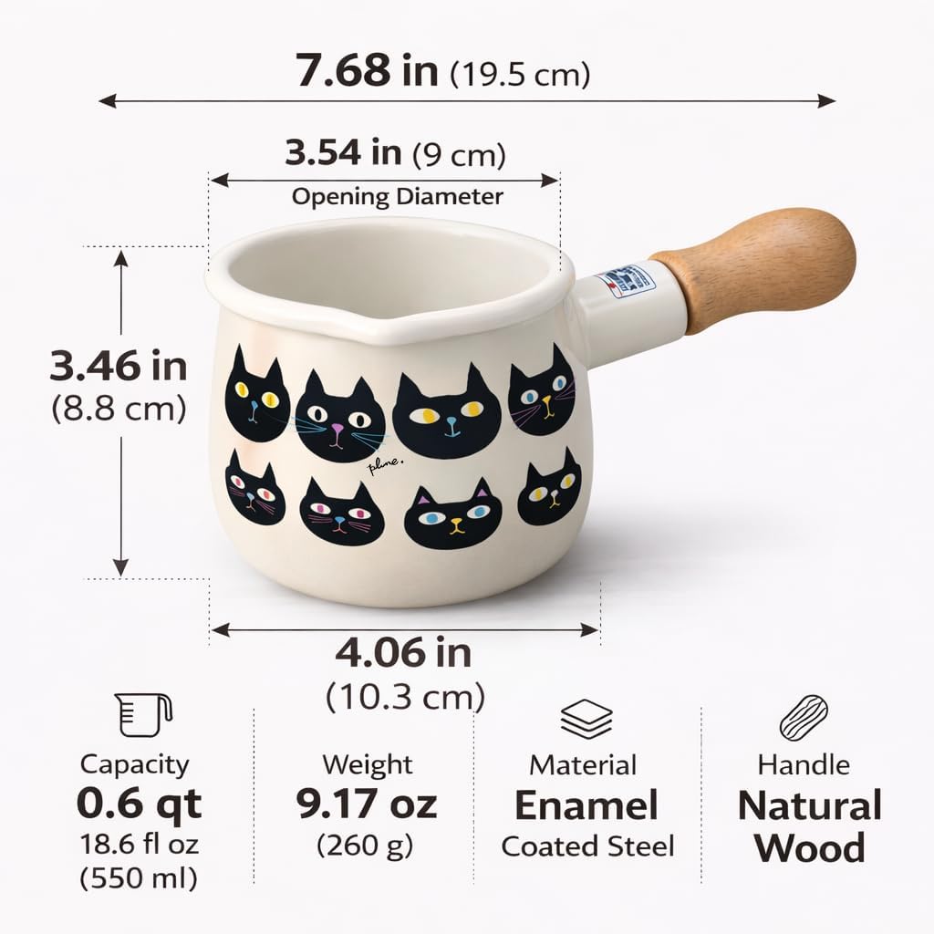0.6 qt Butter Warmer Enamel Milk Pan [Made in Japan] Mini Saucepan with Pour Spout Butter Melter Milk Boiler (Cat face)