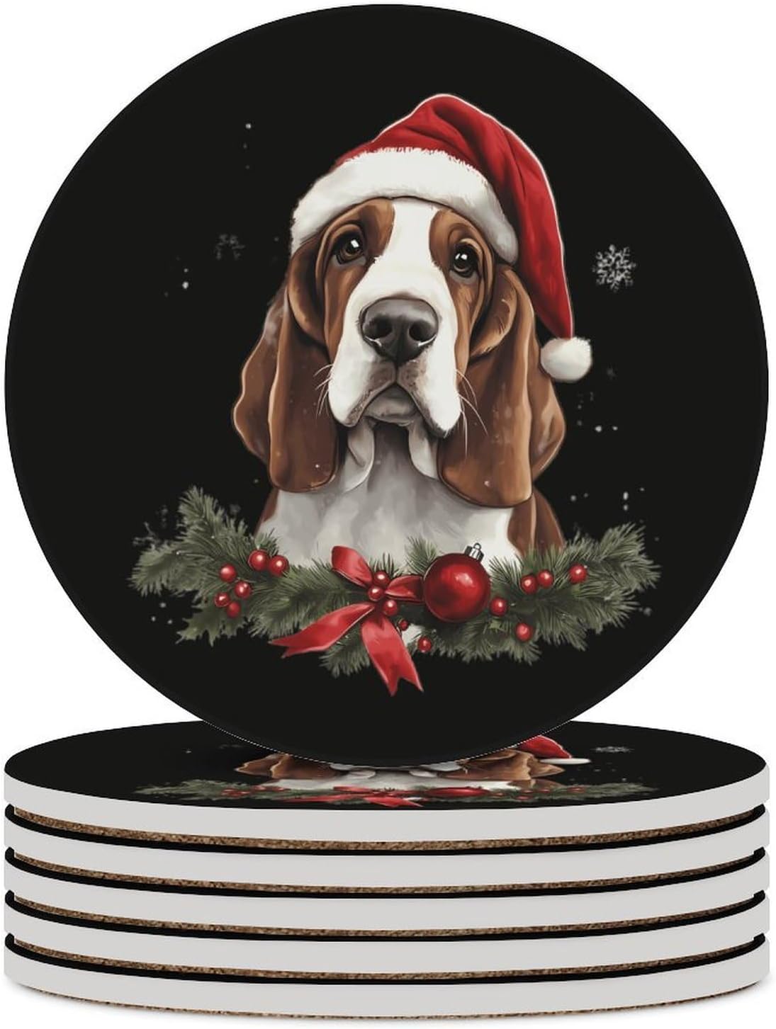 Basset Hound Christmas Round Ceramic Coasters Print Drinks Absorbent with Cork Base for Home Decor Gifts 4 Inch