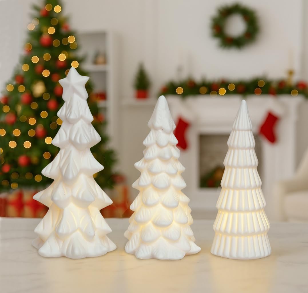 Lighted Ceramic Christmas Tree Decor 3Pcs Small White Christmas Trees with Lights Xmas Tree Figurines for Tabletop Mantel Shelf Fireplace Holiday Decorations for Home and Gift