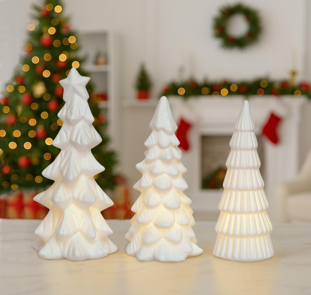 Dlfghos Podświetlana ceramiczna dekoracja choinki, małe białe choinki ze światłami, figurki choinkowe na kominek, kominek, dekoracje świąteczne do domu i na prezent