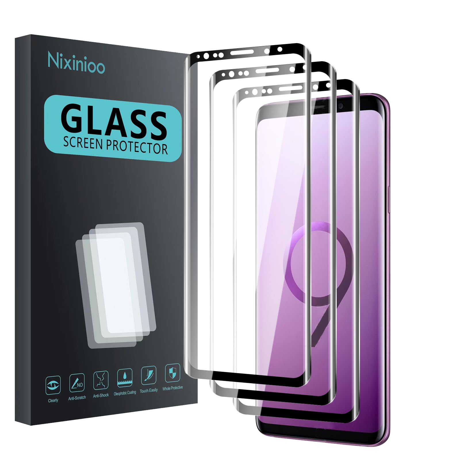 Nixinioo 3 Pack Tempered Glass Screen Protector for Samsung Galaxy S9 plus, Anti-Fingerprint, 9H Hardness, Scratch Resistant, 3D Curved Tempered Glass