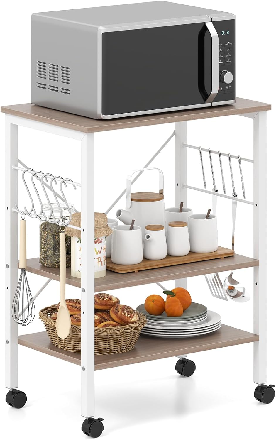 GOFLAME Baker's Rack on Wheels, Kitchen Mobile Serving Cart, 3-Tier Microwave Stand w/Adjustable Shelves & 10 Removable Hooks, Coffee Bar Rolling Storage Trolley (Beige)