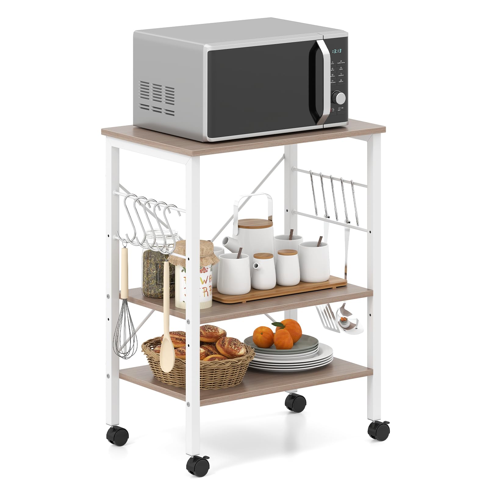 GOFLAME Baker's Rack on Wheels, Kitchen Mobile Serving Cart, 3-Tier Microwave Stand w/Adjustable Shelves & 10 Removable Hooks, Coffee Bar Rolling