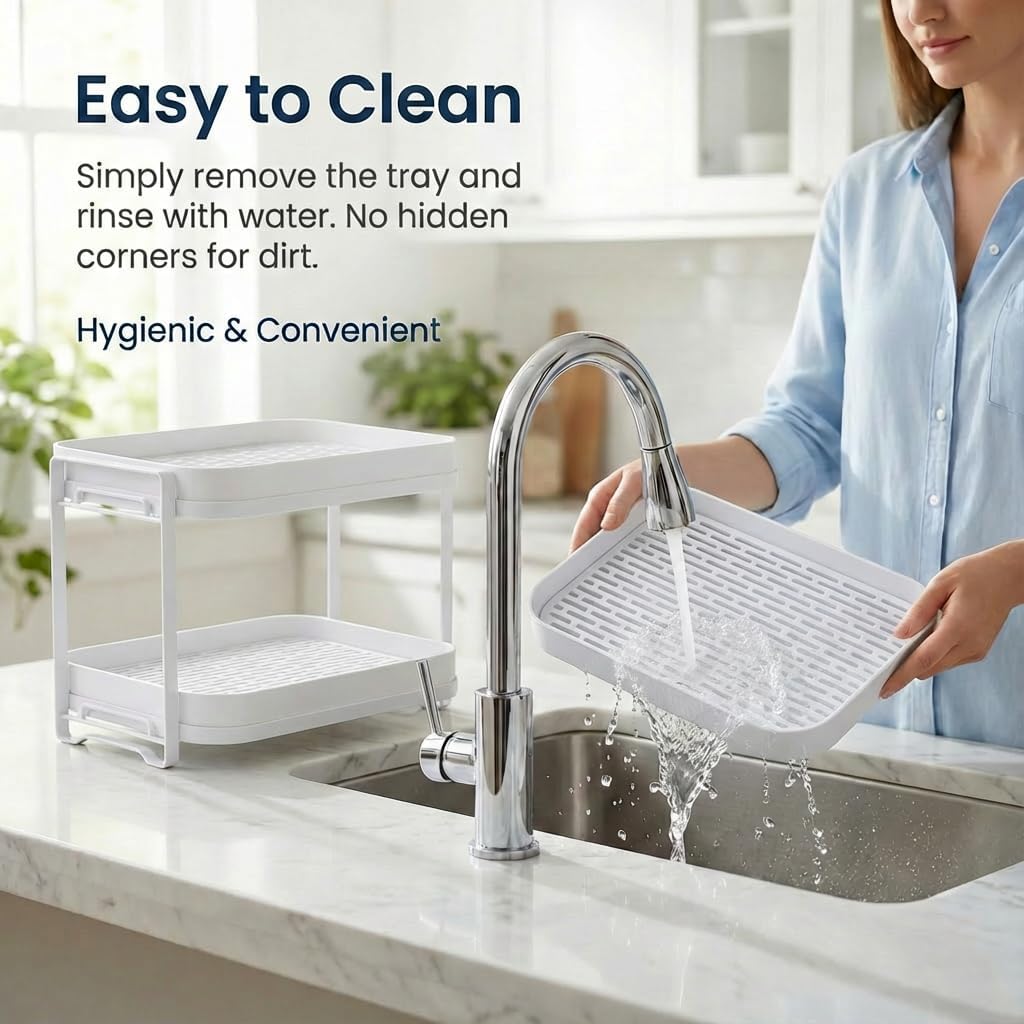 Zosenley 2-Tier Cup Drying Rack with Removable Drainboard, Rust-Proof Iron Mug Organizer, Multi-Purpose Bottle Drying Stand for Baby Bottles, Fruits, Vegetables, Countertop Space Saver, White