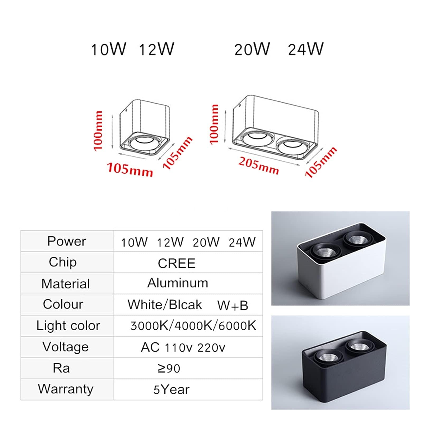 Faretti da soffitto dimmerabili LED Quadrati da Parete Faretto da soffitto a Testa Singola/Doppia IP52 Faretto da Incasso 20W 3000K