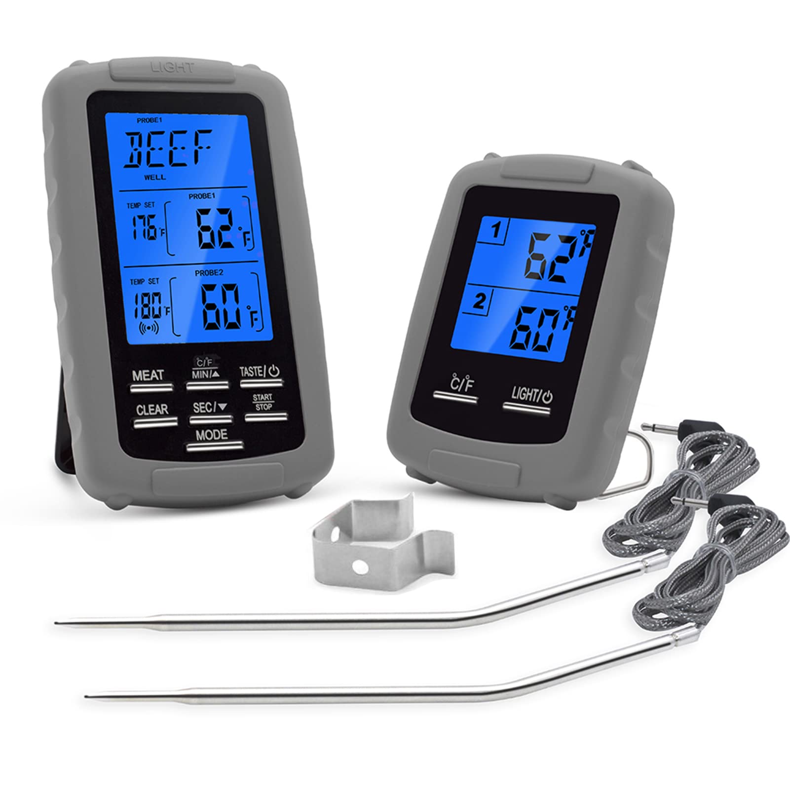 Digital Remote Meat Thermometer with Dual Probes 230 feet Range Timer Alarm Kitchen Cooking Thermometer for BBQ Grill Smoker Oven Grey