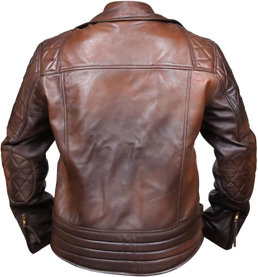 Mens Brown Leather Jacket - Distressed Brown Motorcycle Sheepskin Leather Biker Jacket - Vintage Diamond Quilted Brown Jacket