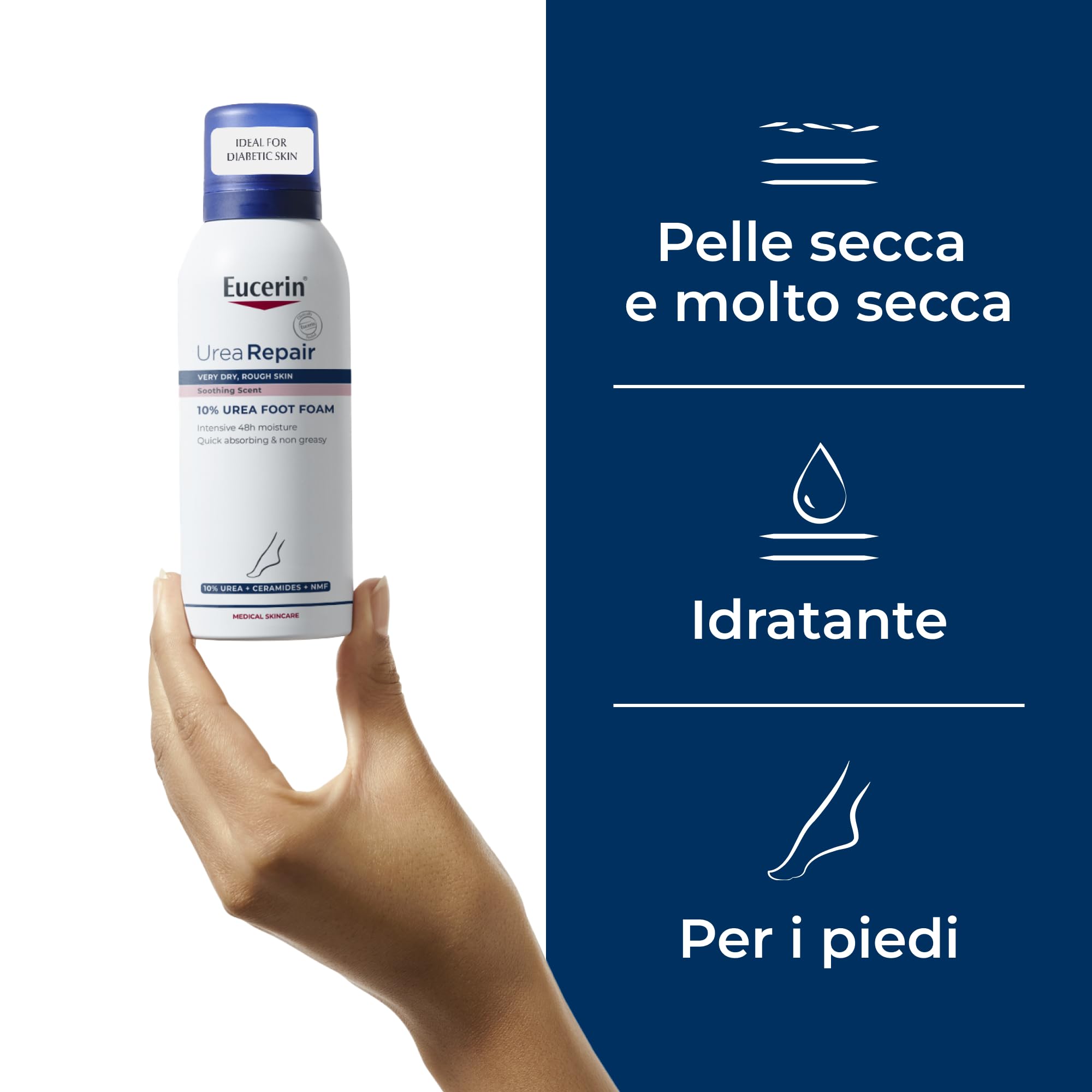 Eucerin Urea Repair 10% Mousse Piedi 150 ml, Schiuma piedi per idratazione e sollievo per 48h, Schiuma Urea e Ceramidi rigenerante per talloni secchi e screpolati