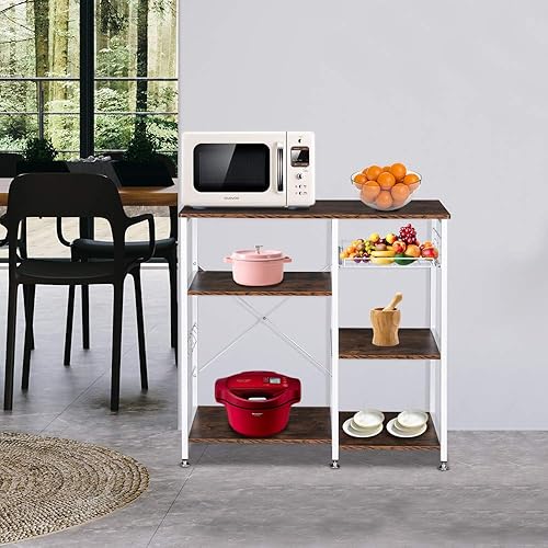 Miniatura 9 de Estante industrial para hornear de cocina con 10 ganchos y cesta de tirar, estante de almacenamiento para microondas, organizador de estación de