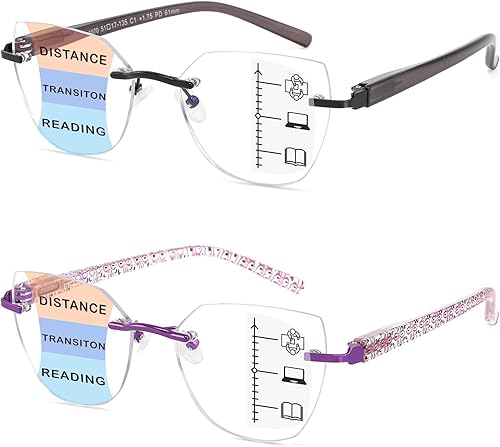 JCUANGR Gafas de lectura progresivas para mujer, de gran tamaño, bifocales, con luz azul, con estilo, sin línea, multifocales, sin montura