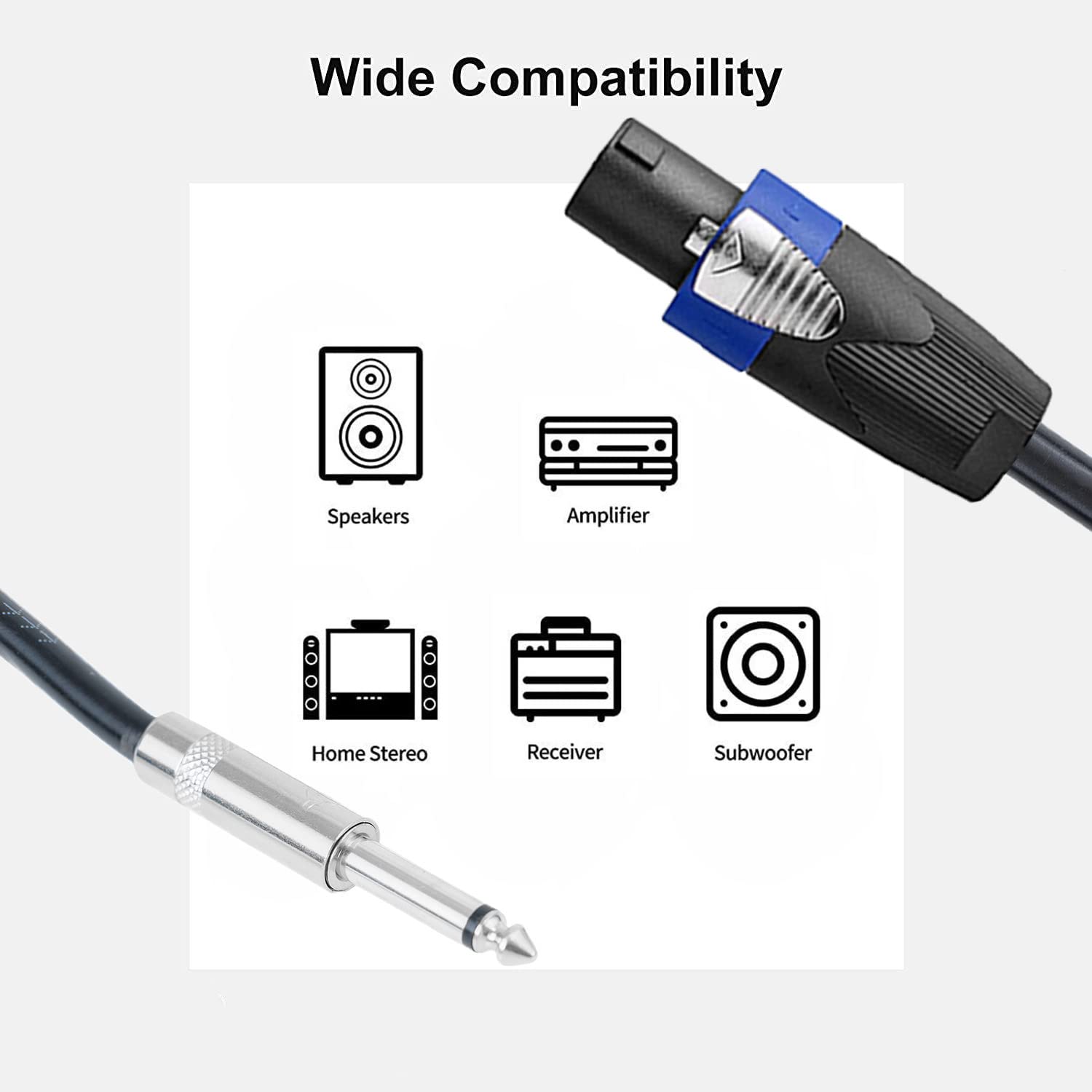 Cavi da Speakon a 1/4 di pollice maschio da 15,2 m da 12 AWG da Speakon a 1/4 di cavo di interconnessione audio stereo, confezione da 2