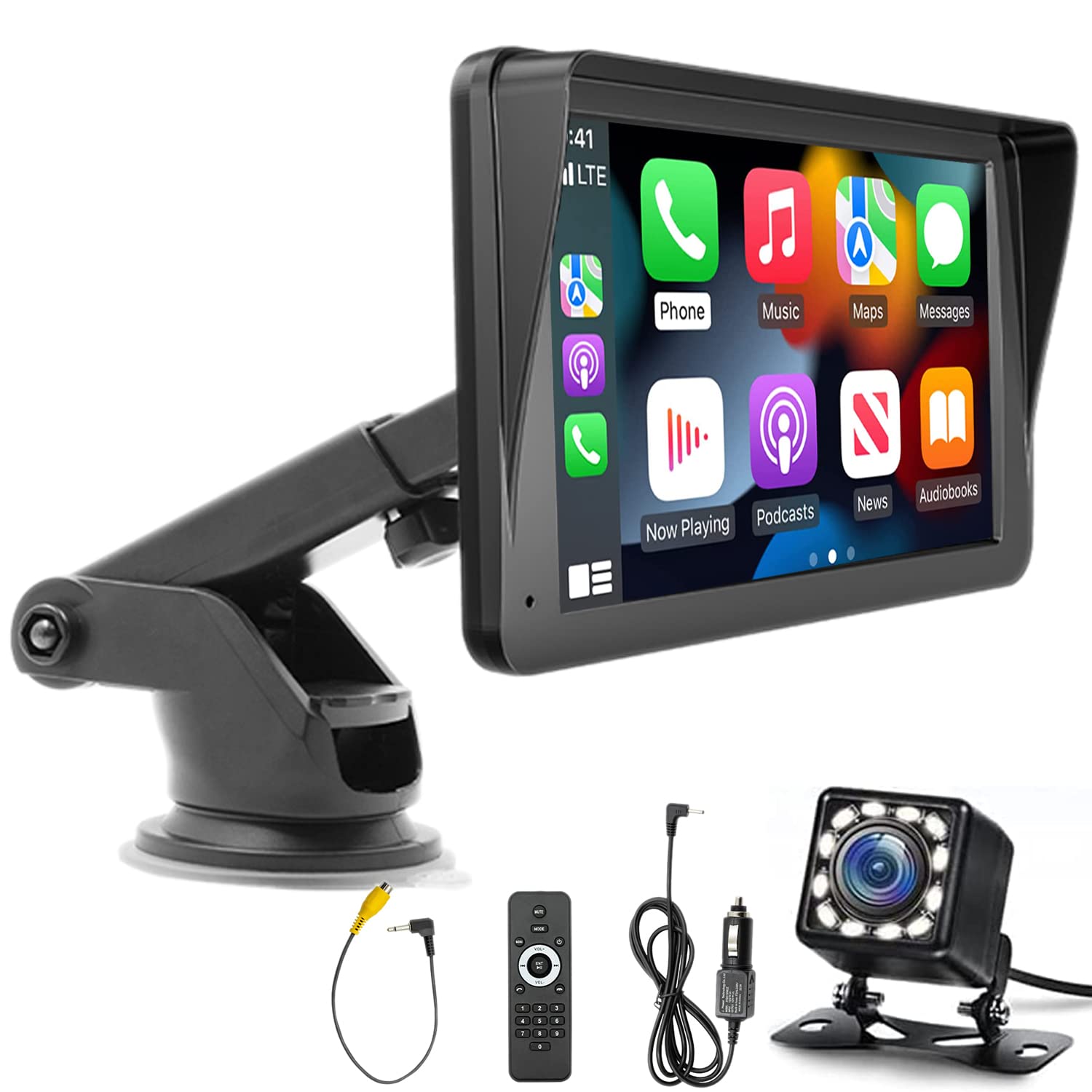 Portatile Monitor per Auto da 7" Wireless Carplay e Android Auto Autoradio con Telecomando Telecamera di Backup Bluetooth Mirrorlink Trasmettitore FM Porta per Scheda AUX/USB/TF