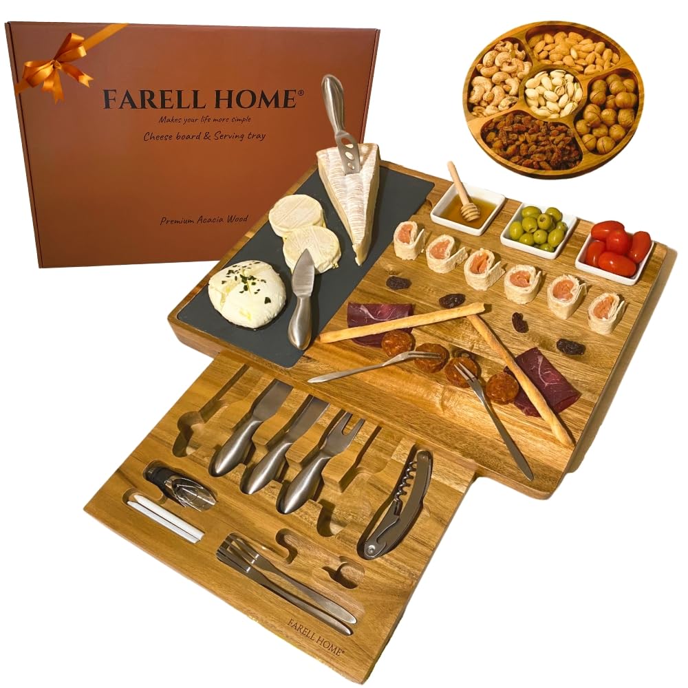 Plateau a Fromage & Charcuterie en Bois d'Acacia - Planche Complet pour l’Apéro – Couverts, Ardoise et Ramequin – Coffret Dégustation – Idée Cadeau. (Rectangulaire)