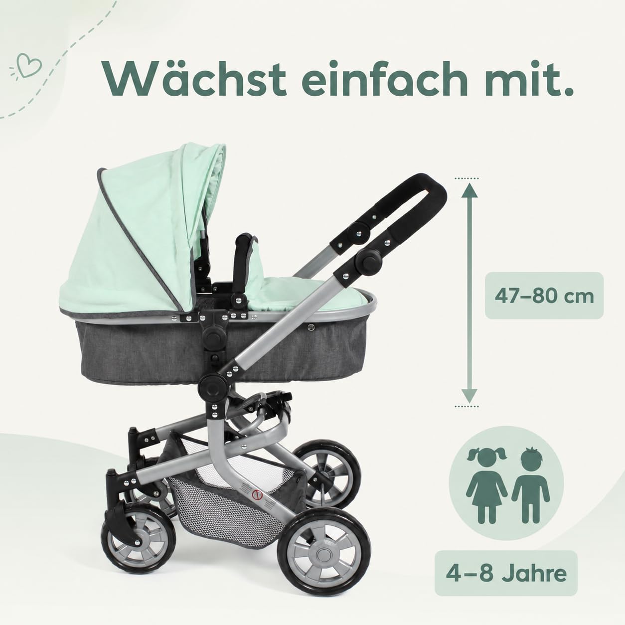 Bayer Chic 2000® Wózek dla lalek Mika 2 w 1, miętowy, składany, z regulacją wysokości 47-80 cm, nowoczesny stelaż, lalki do 52 cm, 4-8 J.
