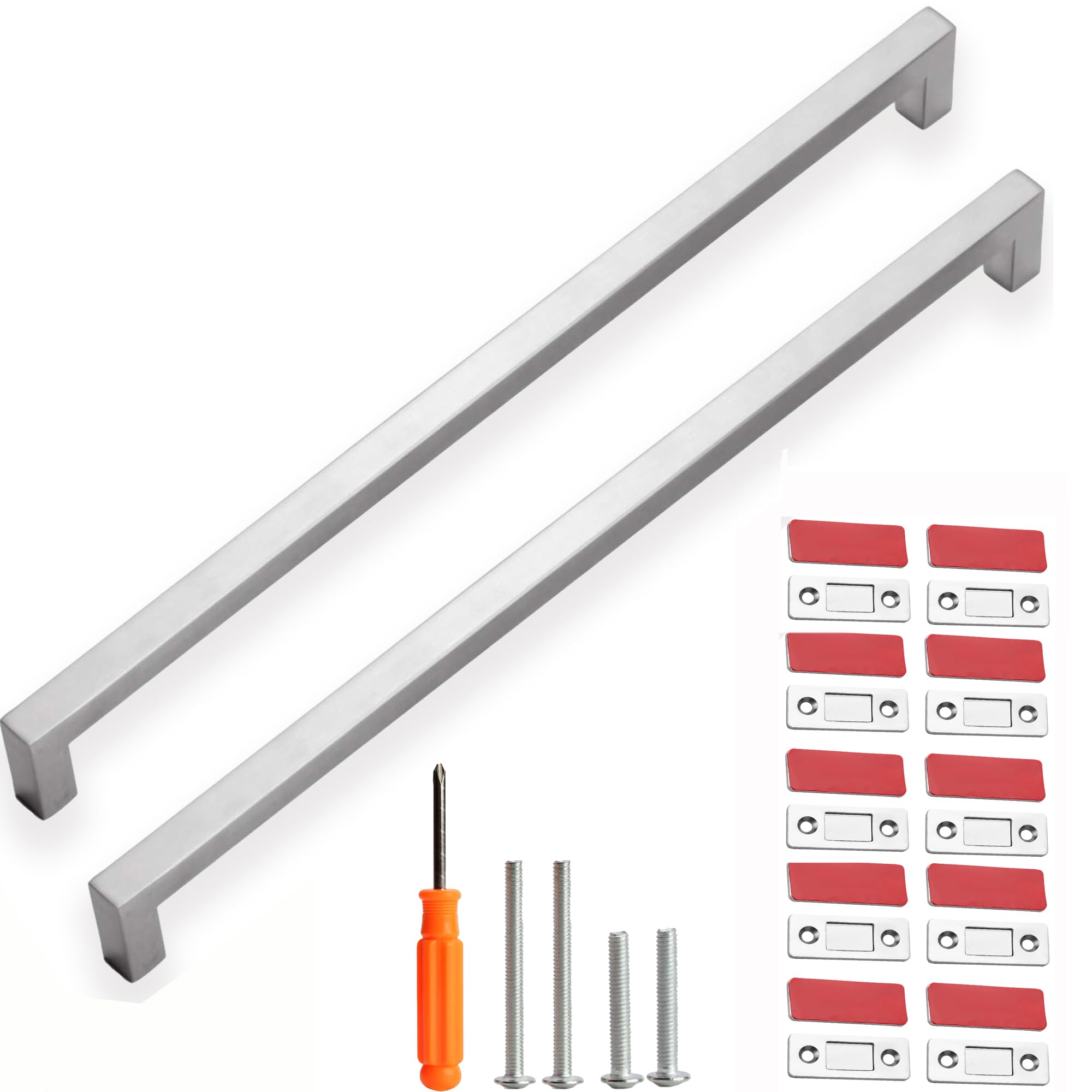 Redunest Cabinet Pulls Brushed Nickel Cabinet Handles 10 Pack 15 Inch Square Drawer Pulls and 10 Pack Cabinet Magnetic Catch, Stainless Steel Kitchen Door Cupboard Cabinet Handles, 384mm Hole Centers