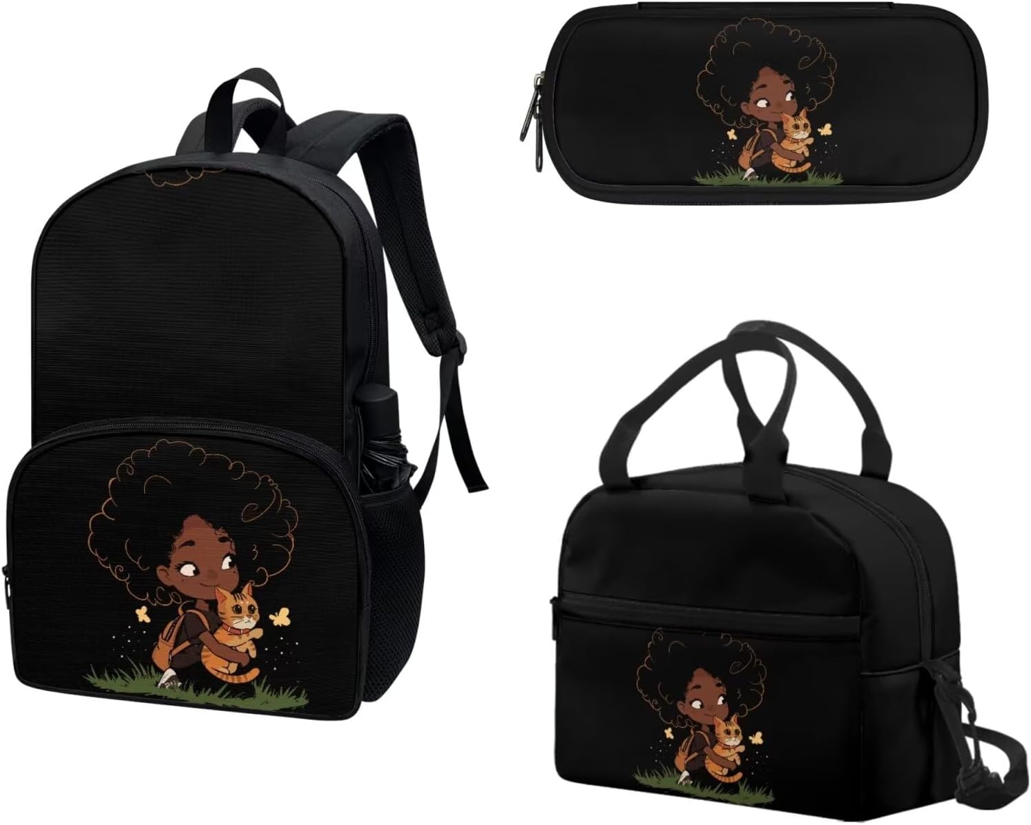 COEQINE Kawaii Cat Butterfly Cute Backpack for Middle School Black Girls With Lunch Bag And Pencil Case, Black Girls Backpack Set for Preschool Toddler Book Bag,Black