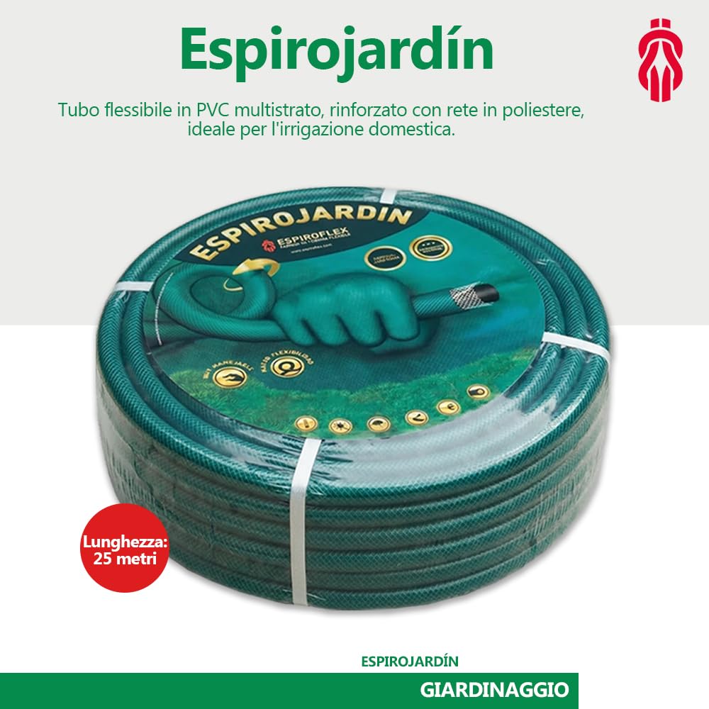 ESPIROFLEX Tubo da giardino in PVC da 25 metri (3/4") per irrigazione domestica | Tubo dell'acqua elastico e flessibile rinforzato con rete in poliestere | Modello Espirojardín