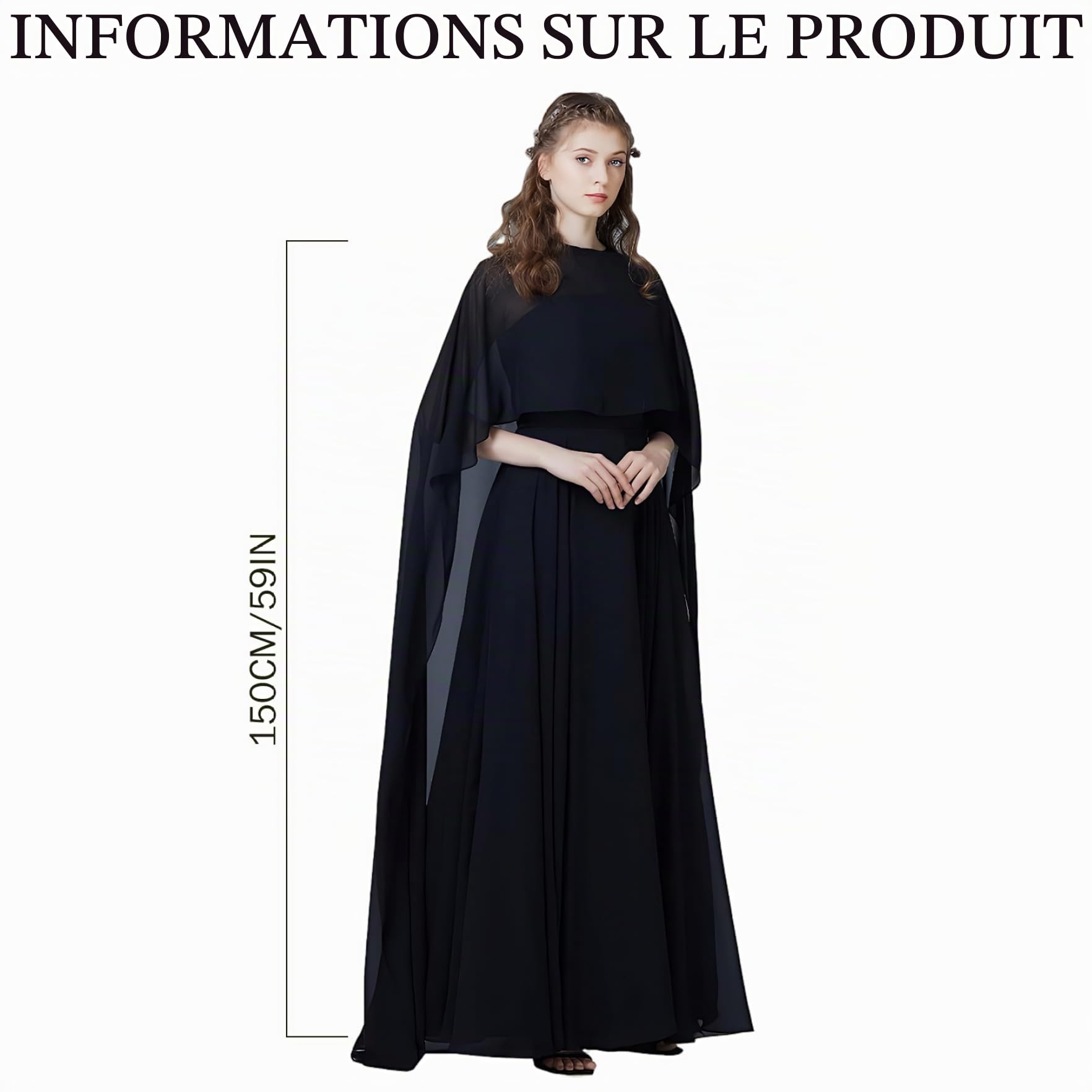 Cape en mousseline de soie pure pour femmes 59 pouces, châle de mariée élégant pour les mariages et les soirées, châle poncho
