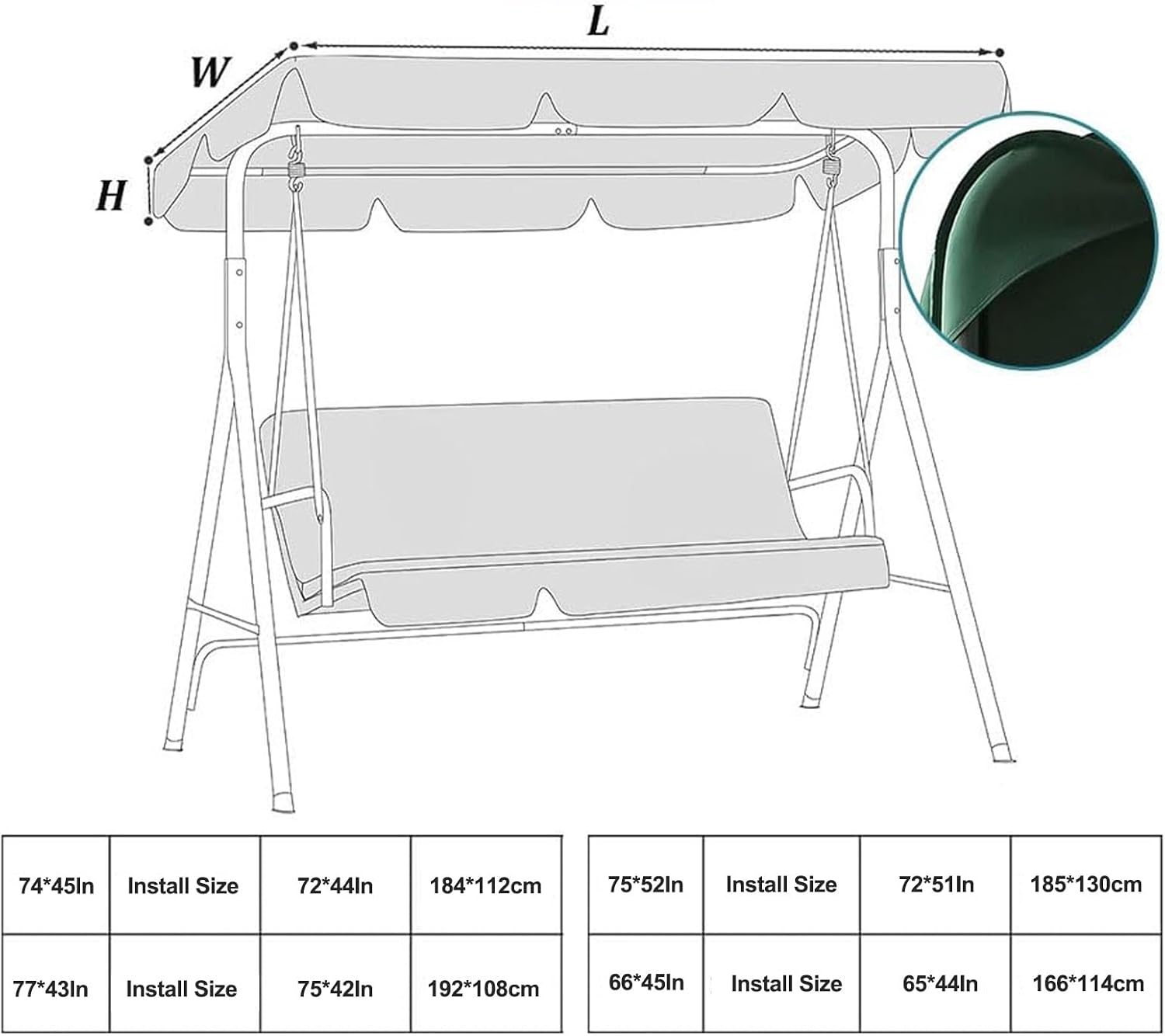 Porch Swing Canopy 2-3 Seat Replacement Waterproof Swing Top Cover Heavy Duty 300D Polyester Fabric Garden Swing Top Roof Cover(Khaki,77x43 in)