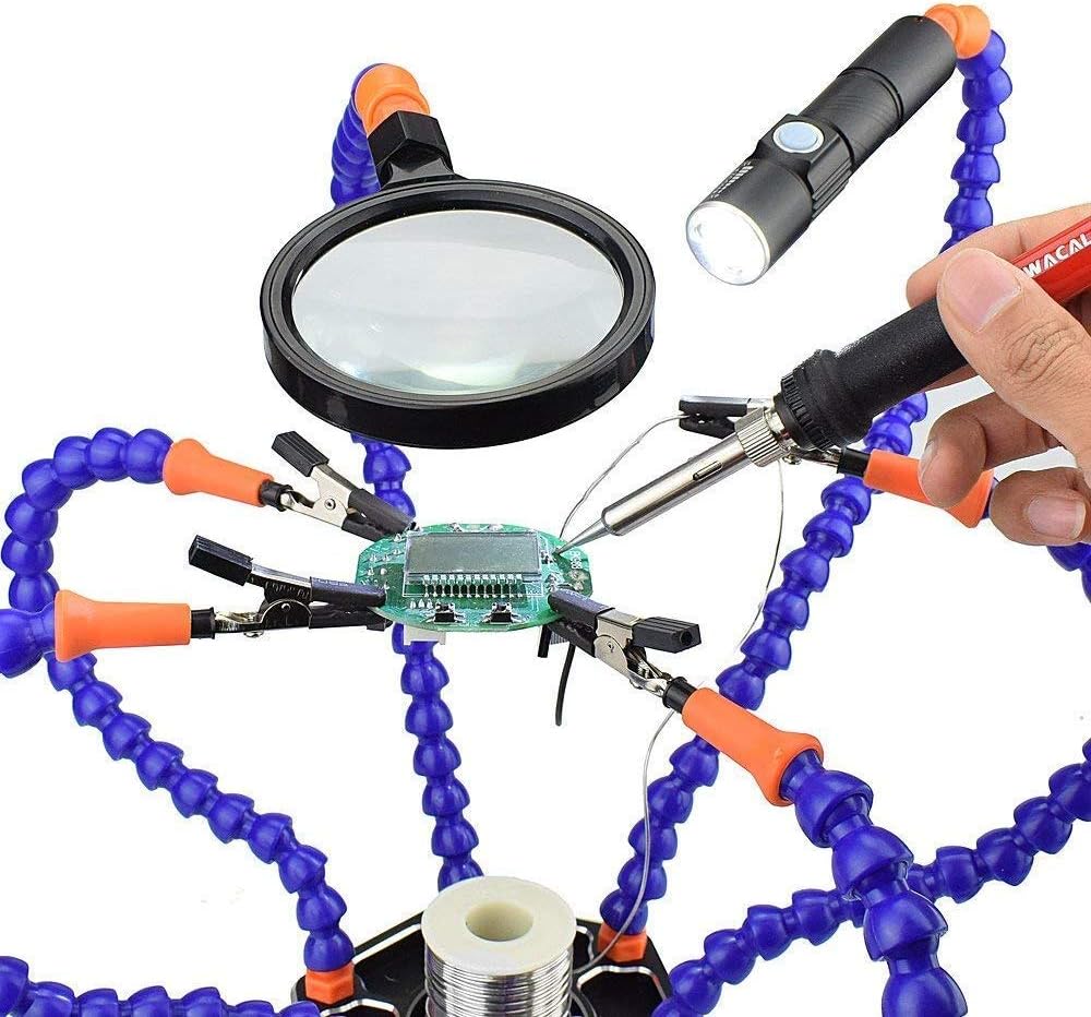 Helping Hand Soldering Third Hands Vise with 6 Flexible Arms LED Flashlight Magnifying Glass Aluminum Base for Soldering, Assembly, Repair, Modeling, Hobby, Crafts, Jewelry Making
