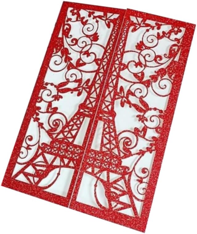 50 Pieces Laser Cut Eiffel Tower Birthday Wedding Invitation Card Quinceanera Engagement Bridal Shower Party Invitations Jacket 5 * 7 inch (Glitter Red)