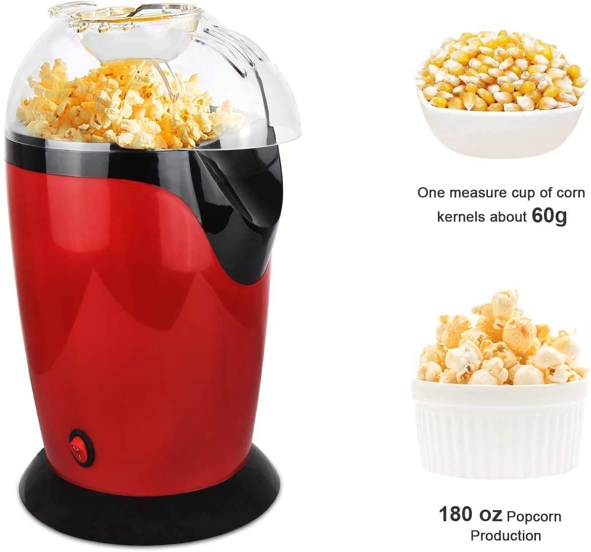 Macchina per Popcorn Macchina per Popcorn ad Aria Calda, Piccola Macchina per Popcorn elettrica Senza Olio da 1200 W con misurino da 60 g e Coperchio Superiore per la casa, Il Carnevale e Le
