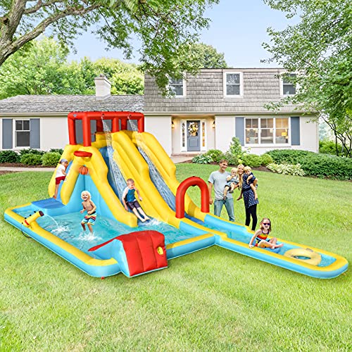 Bountech Inflatable Water Slide, 7 In 1 Giant Water Park Double Long Slide For Outdoor Fun W/735W Blower, Splash Pool, Water Slides Inflatables For Kids And Adults Backyard Gifts Presents Parties #TOP6