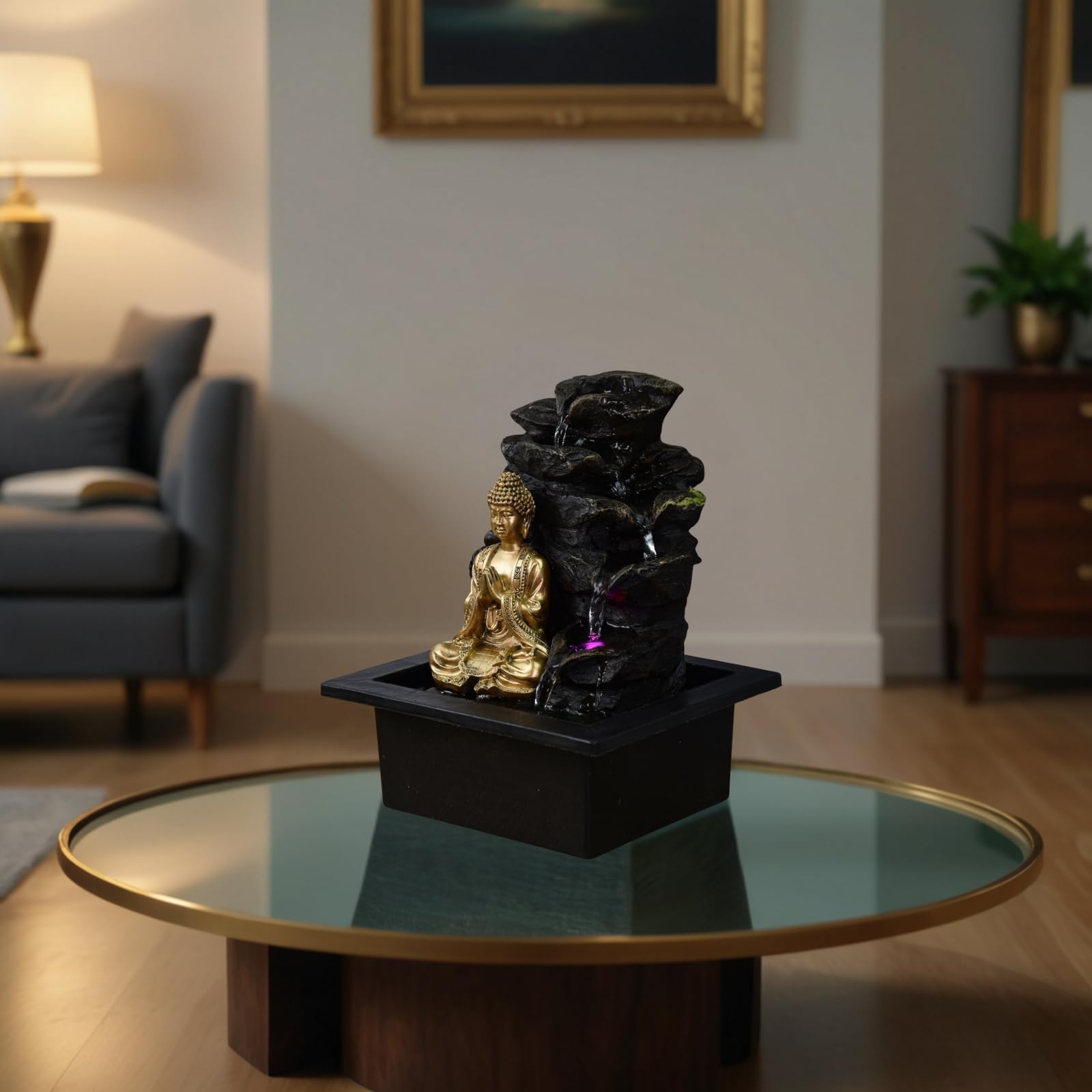 Zen Light - Shira, fontana da interno con pompa e Illuminazione a LED, in resina, nera, misura unica