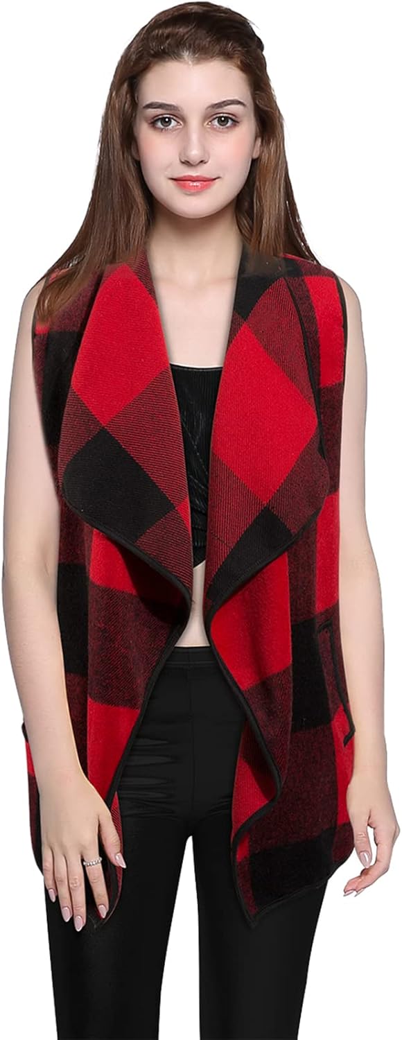 Women's Plaid Vest Casual Lapel Open Front Sleeveless Cardigan Jacket Coat with Pockets - Image 3