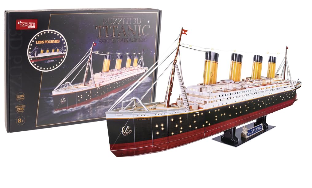 EXPLORA - Bateau Titanic - Puzzles 3D Lumineux - 540051-​266 Pièces - Niveau 8 - sans Colle Ni Ciseaux - Educatif - Jeu de Construction - Cadeau Enfant - Maquette - Paquebot - À Partir de 8 Ans