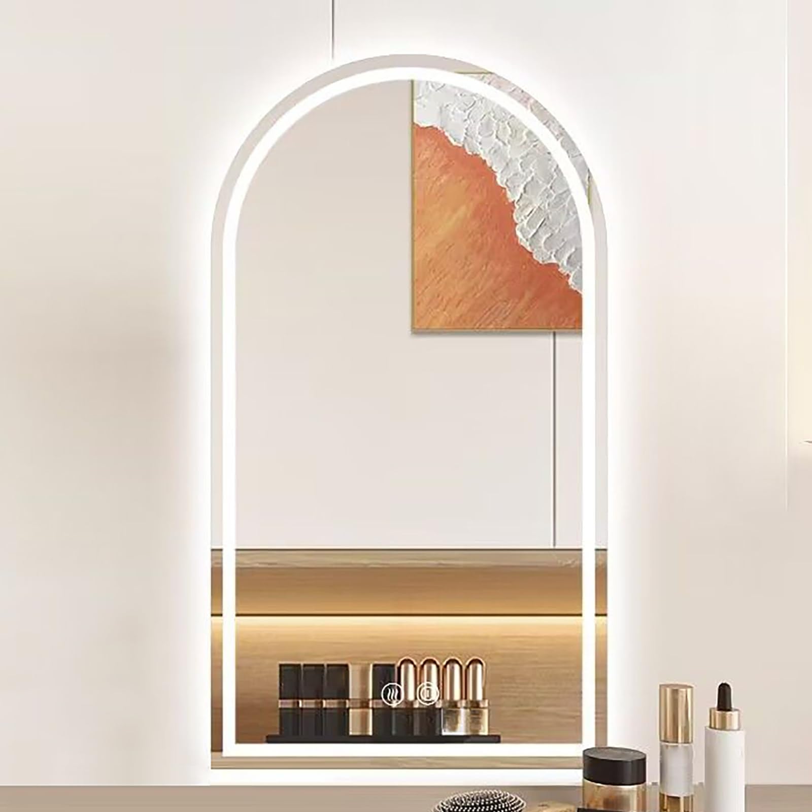 FGXHHS Arched Illuminated - Wall Mounted HD Glass Vanity with 3 Color Dimmable Touch Switch & Anti-Fog, 40x70cm Decorative Makeup for Shaving Grooming