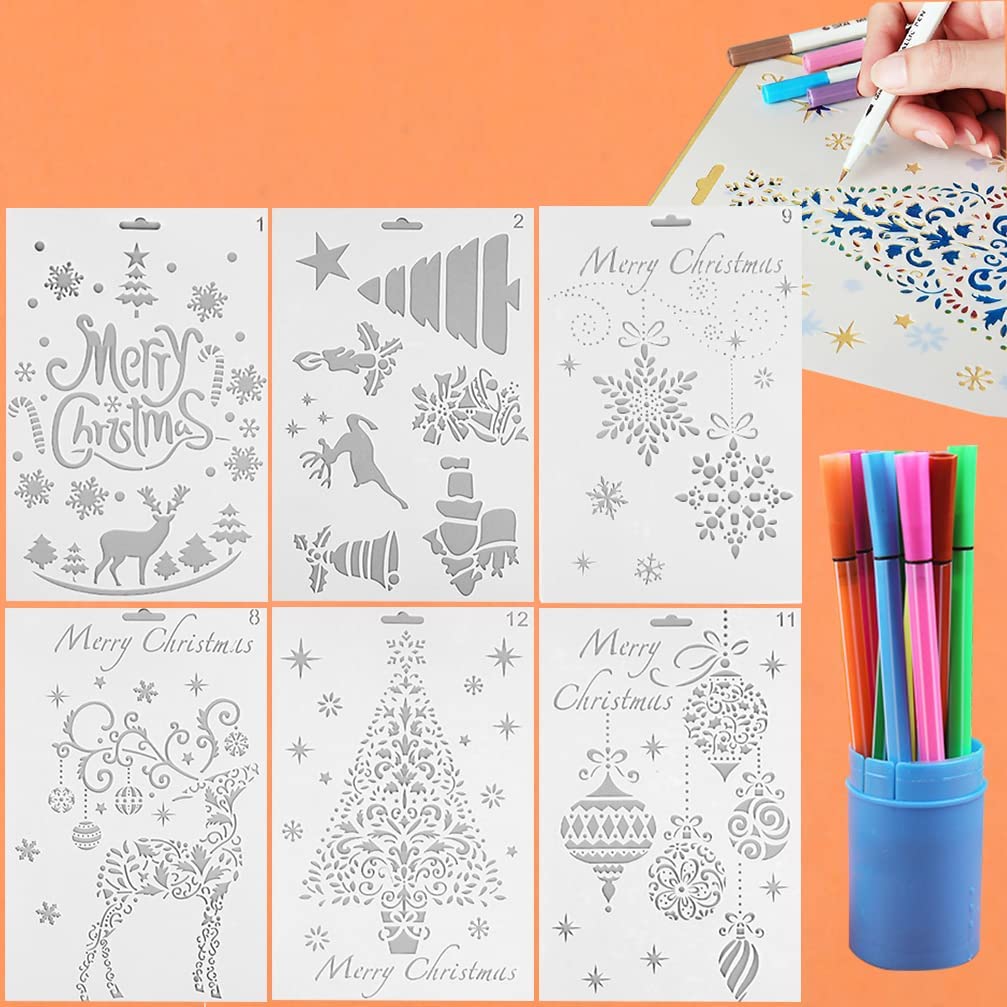 6Pcs Christmas Stencils and 12 PCS Washable Watercolor Pen Set for Painting on Wood,10.2 X 6.8 Inch Large Reusable Christmas Gnome Stencil for Christmas Decor Fabric Canvas Wall Painting Templates