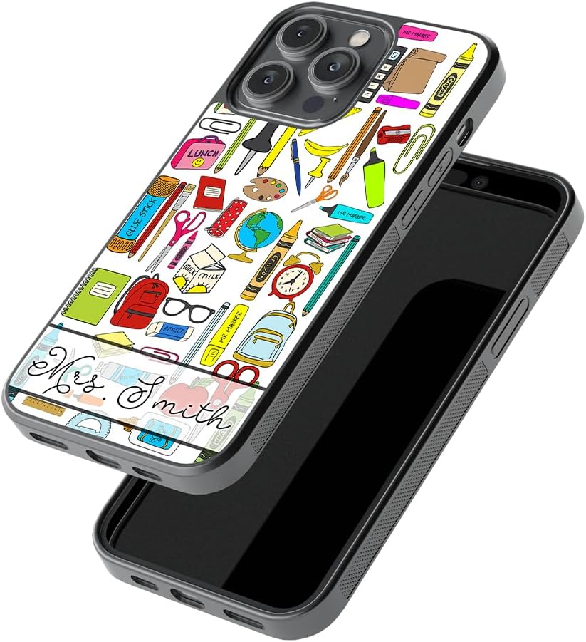 Teacher School Supplies Personalized Black Rubber Phone Case Compatible with Apple iPhone 17 Pro Max Air, 17e, 16e, 16 Pro Max Plus, 15 Pro Max Plus, 14, 13 Mini, 12, 11, X, 7, SE
