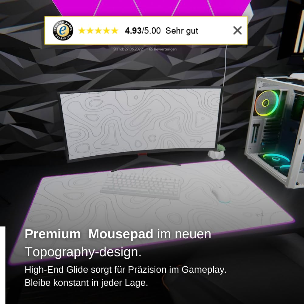 Nyfter - XXL Gaming Mauspad RGB White im Topography Design 900 x 500mm Premium Mousepad Size Groß vernähte Kanten langlebig mit high-end Glide und Anti-Rutsch Speed Gaming Mauspad