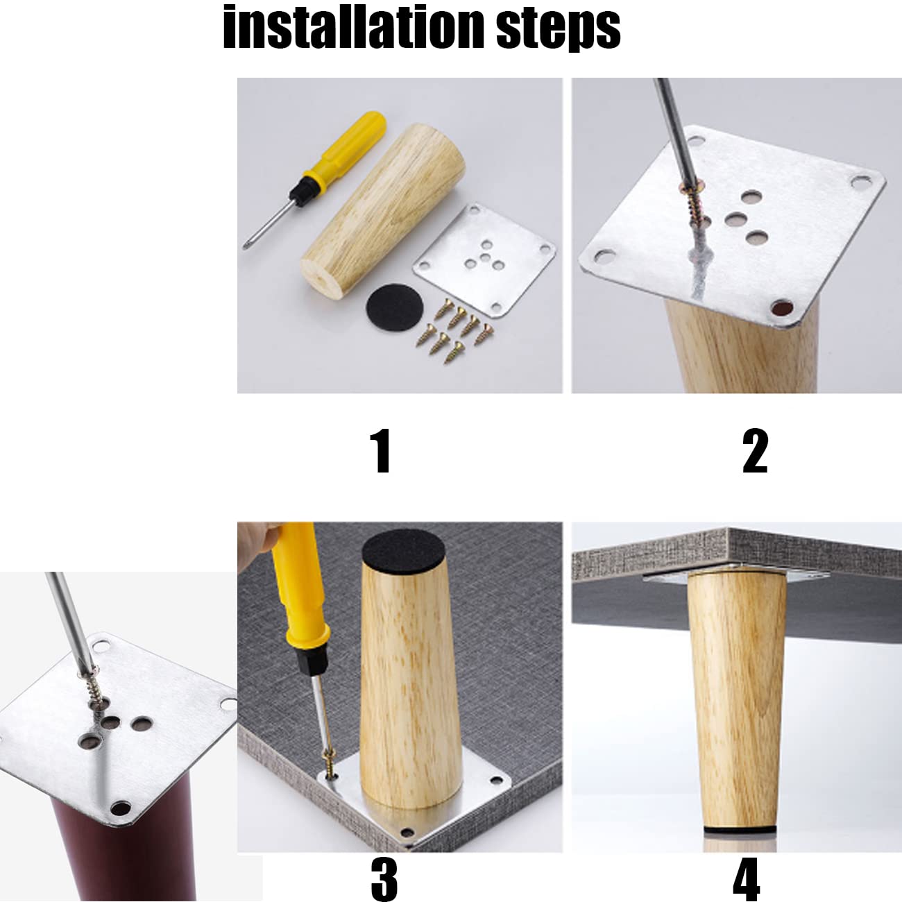 4 pezzi Gambe per mobili in legno Altezza Gambe per divano Gambe affusolate di ricambio per mobili Gambe per mobili Gambe per cassettiere Gambe di supporto con piastra di montaggio, per divano letto