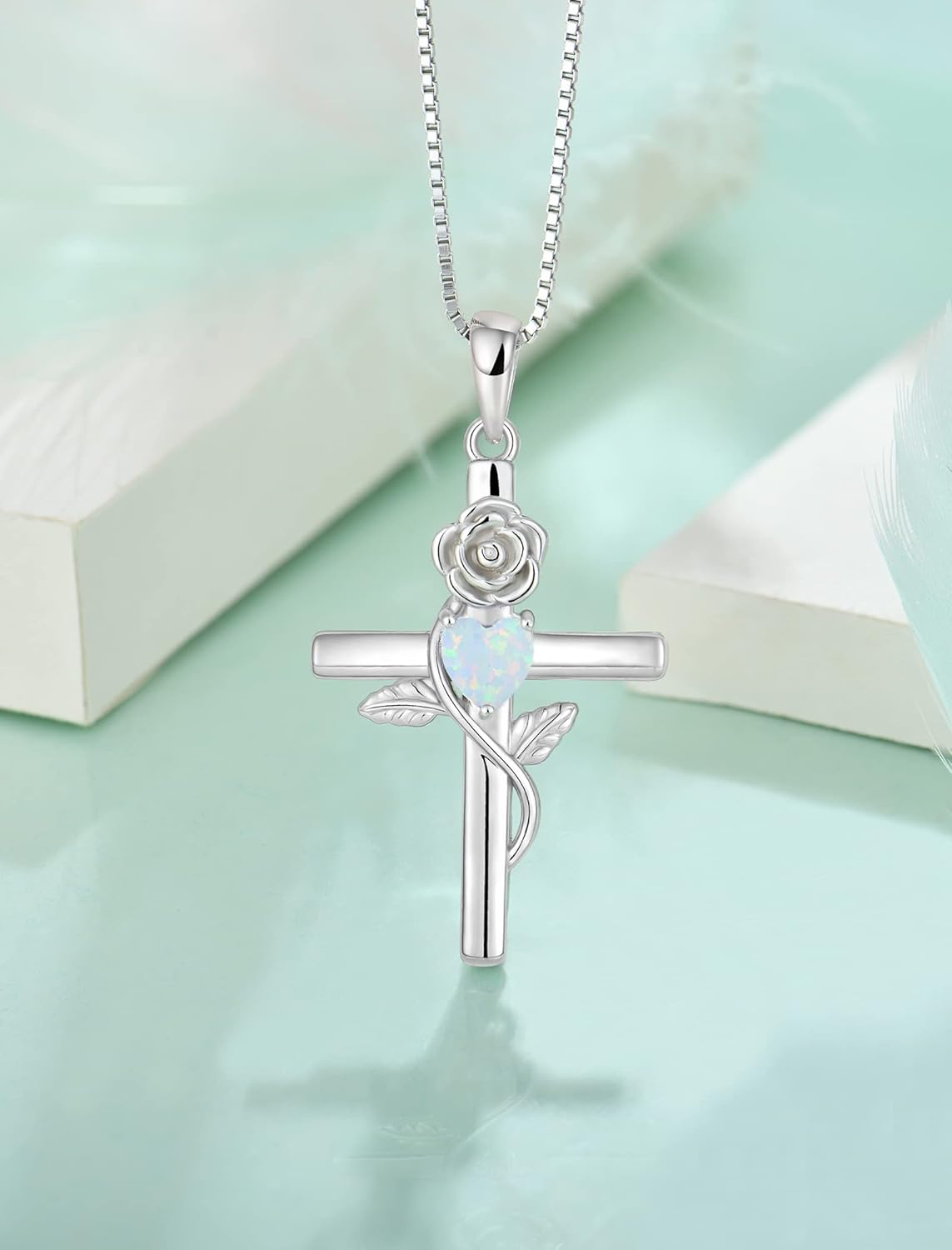 Sterling Silver Crucifix Necklace Flower Faith Cross Necklace for Women Religious Birthstone Jewelry Gift - Image 4