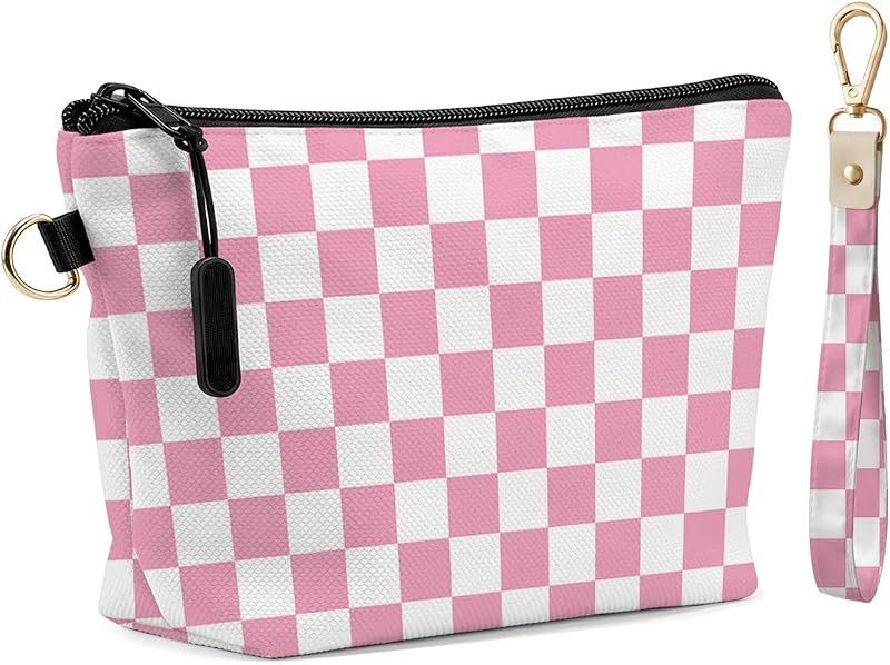 Necessaire Fokongna em poliéster com zíper, estampa xadrez rosa e alça de pulso, Pacote com 2