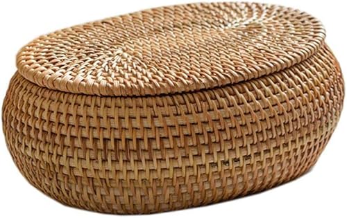 SHAPERME Caja redonda de ratán, cesta de frutas de mimbre con tapa, cesta de pan, cesta de almacenamiento, cesta tejida de sauce para pan