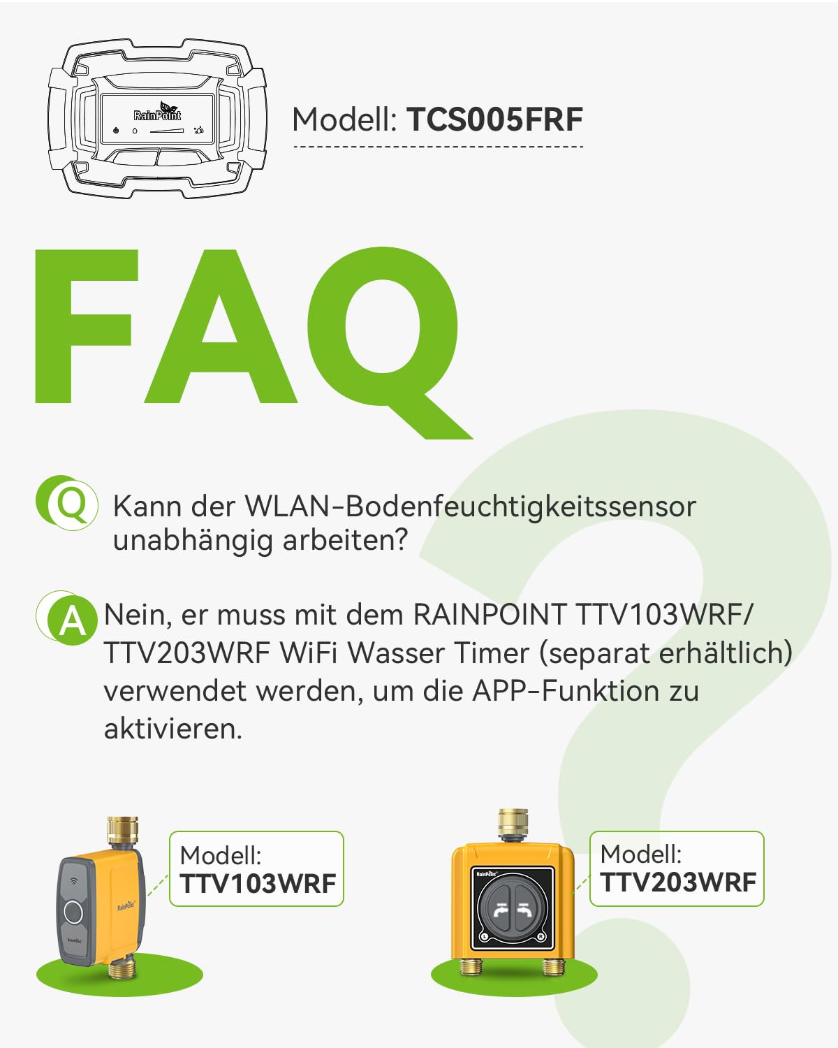 RAINPOINT Capteur d'humidité du Sol WiFi TCS005FRF, Doit être utilisé avec l'ordinateur d'arrosage Wi-FI TTV103WRF ou TTV203WRF, et Le hub WiFi TWG004WRF, contrôle RainPoint Tuya APP (2.4GHz)