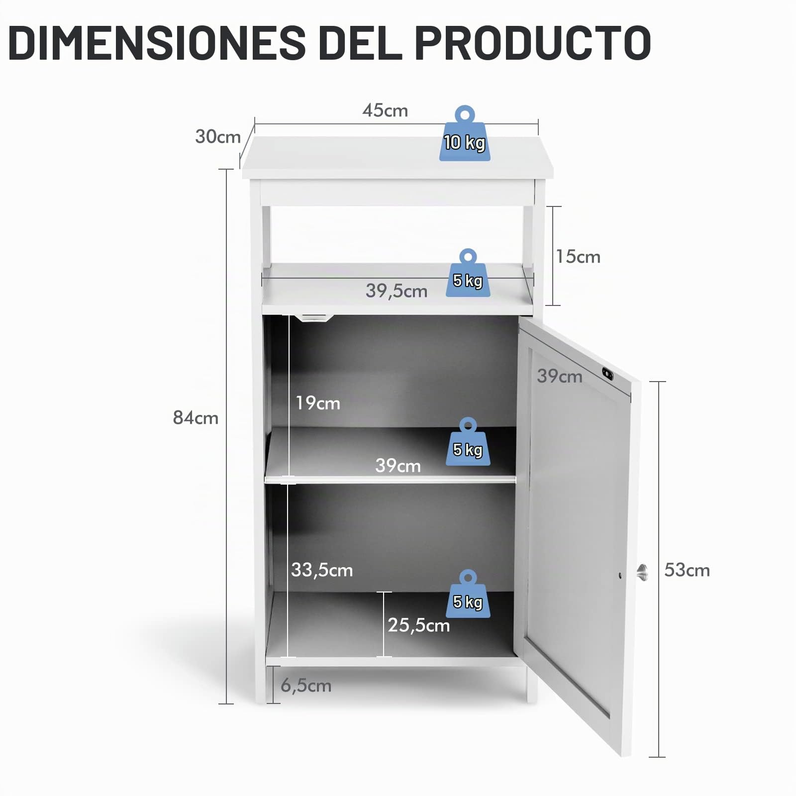 LIFEZEAL Armario de Baño Ahorrador de Espacio (Blanco) | Organizador de suelo con puerta y estante, pies antivuelco y antideslizantes para salón y cocina, 45 x 30 x 84 cm