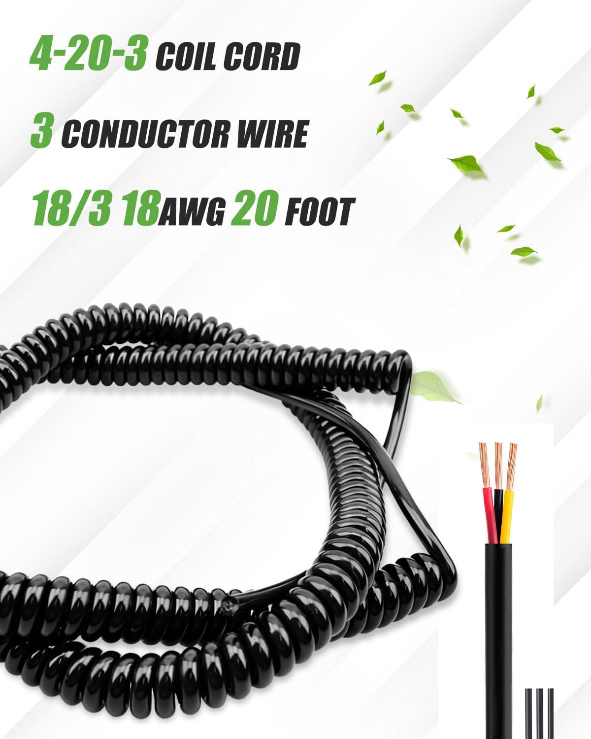 4-20-3 Coil Cord, 3 Conductor Wire 18/3 18AWG 20 Foot, Retractable Spring Coil Wire Compatible with Industrial/Home Use