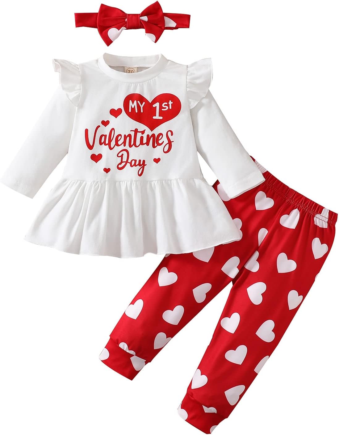 Noubeau My 1st Valentines Day Baby Girl Outfits Ruffle Heart Print Tunic Drees Shirt Stripe Pants Legging Winter Clothes