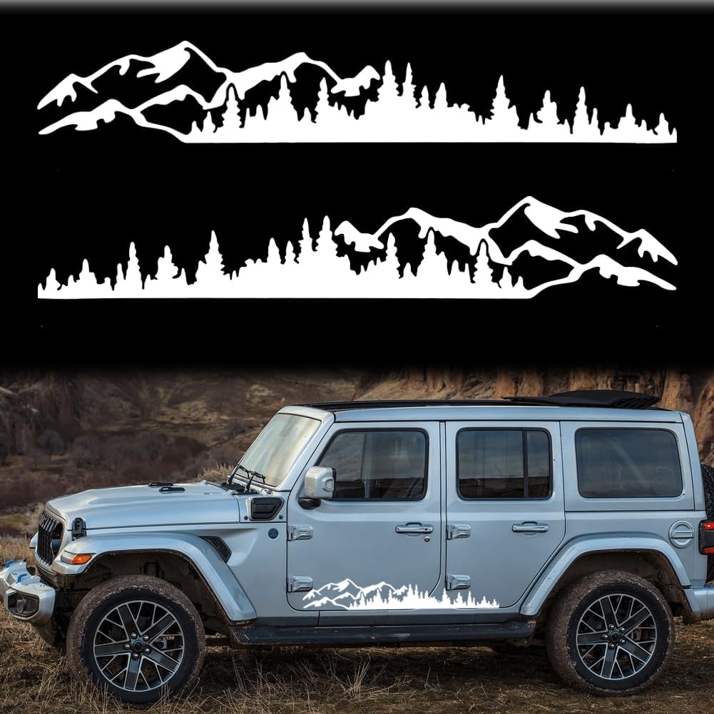 2Pcs Universal Mountain Tree Forest Vinyl Decals for Car Body Door Side Auto Graphic Stickers Accessories Decoration for RV Caravan Truck Panel SUV Off-Road Vehicles (White, 58.6''*9.4'')