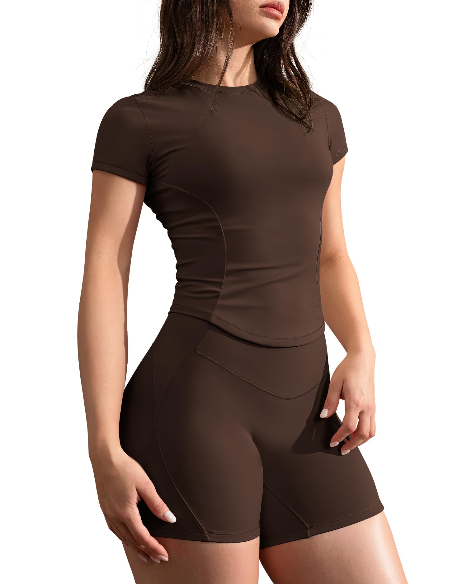 Photo 1 of **See Clerk Notes**GYM RAINBOW Short Sleeve Workout Shirts for Women, Cropped Workout ***Tops Slim Fit **Athletic Running Gym Yoga Top Tee(#1 Roasted Brown,Medium)
