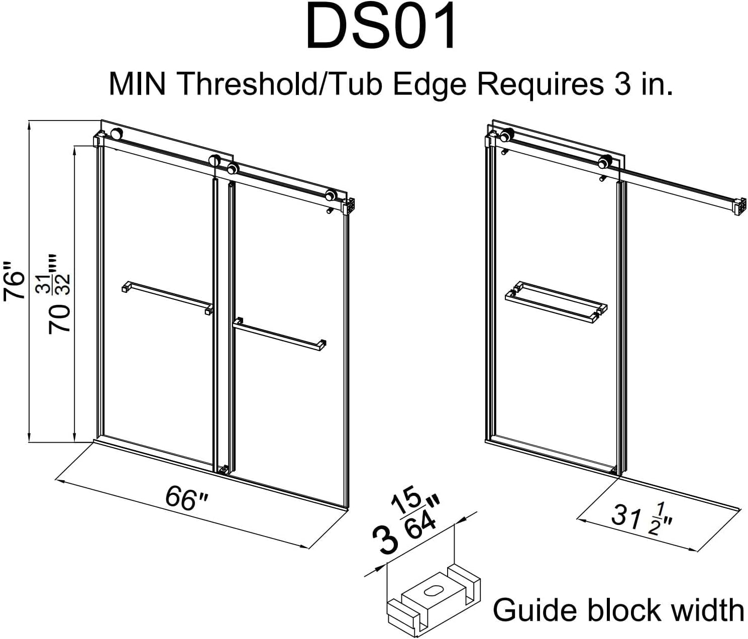 Shower Doors Double Sliding 62-66" W x 76" H Width Adjustable 3/8"(10mm) Frameless Clear Tempered SGCC Shatterproof Glass Stainless Steel Hardware (Brushed Nickel)